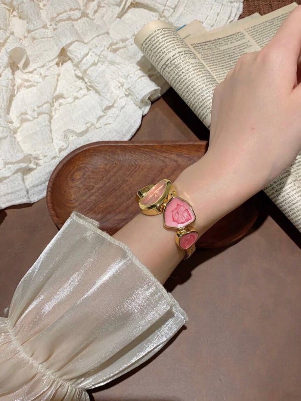 Gold Bracelet Watch with Pink Heart Accents - Picture 5 of 5